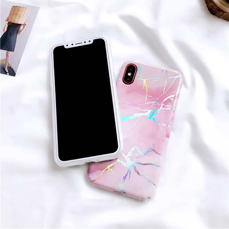 Laser Marble Texture Phone Case For iPhone XR XS Max X 6 6S 7 8 Plus Soft IMD Protective Phone Back Cover Coque